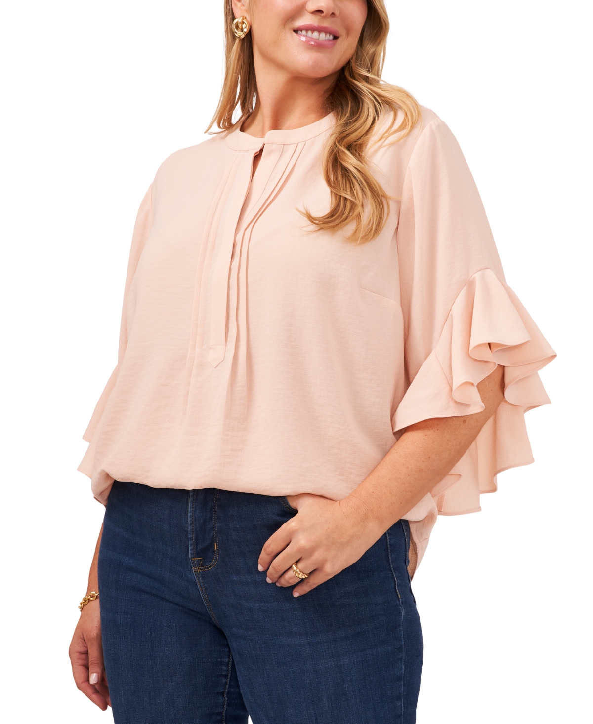 Vince Camuto Plus Size Ruffle Sleeve Henley Blouse In Cozy Peach