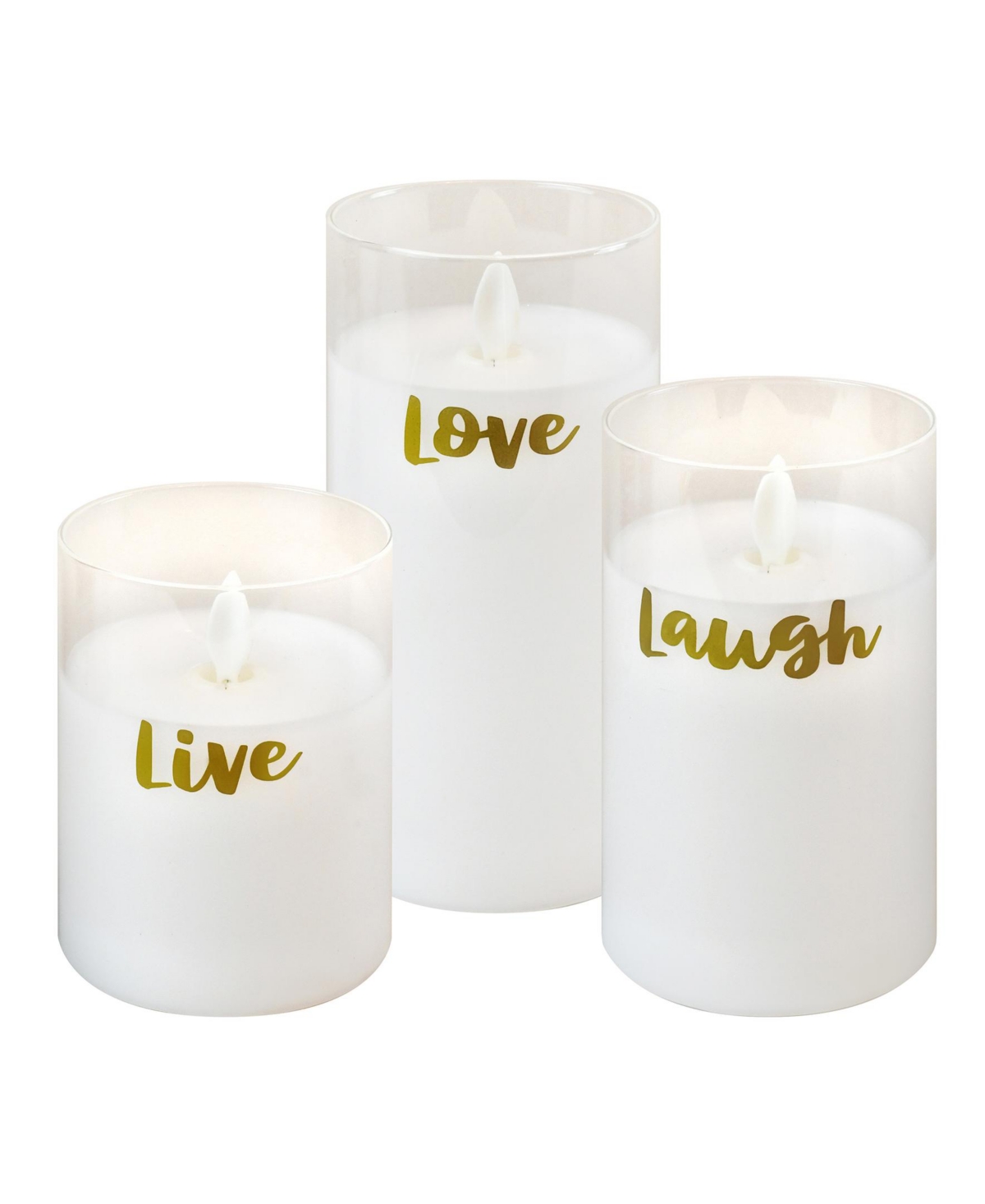 Jh Specialties Inc/lumabase Moving Flame Live Laugh Love Led Glass Candles, Set Of 3 In Gold-tone