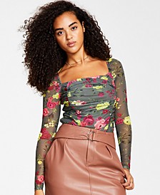 Women's Square-Neck Printed-Mesh Top, Created for Macy's