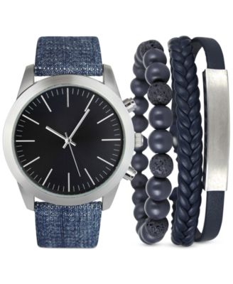 Photo 1 of INC International Concepts Men's Blue Denim Strap Watch 46mm & 3-Pc. Bracelet Set,
Movement: three-hand quartz,Case: round silver-tone; 46mm, Strap: blue cotton denim, Closure: buckle, Dial: black, Water resistance: splash resistant
