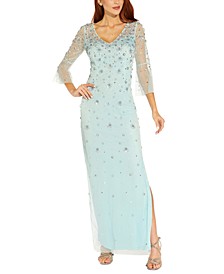 Women's Floral-Beaded Bell-Sleeve Gown