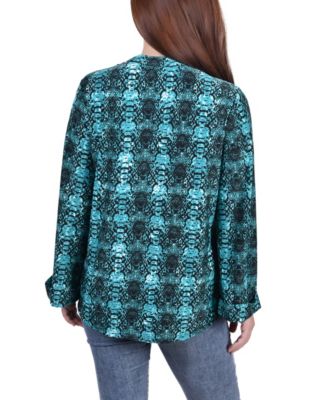 Petite Size Long Sleeve Jacquard Knit Y-neck Top