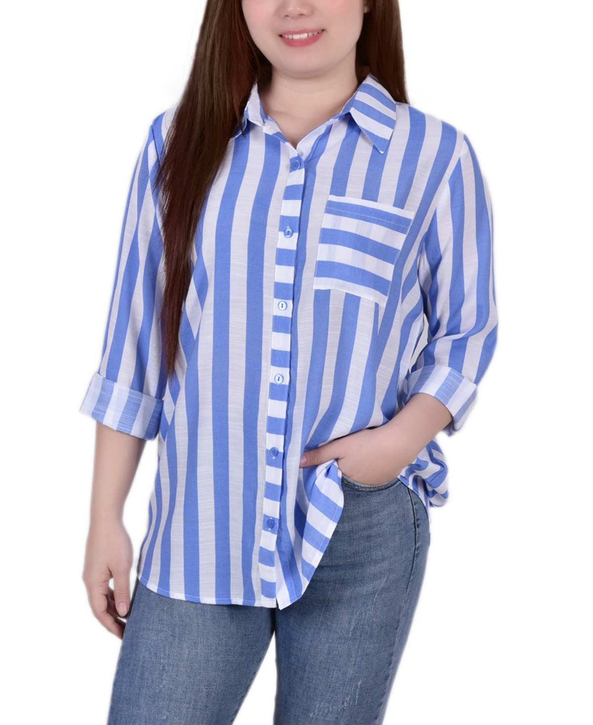 Shop Ny Collection Petite Size Long Sleeve Striped Blouse Top In Serenity White