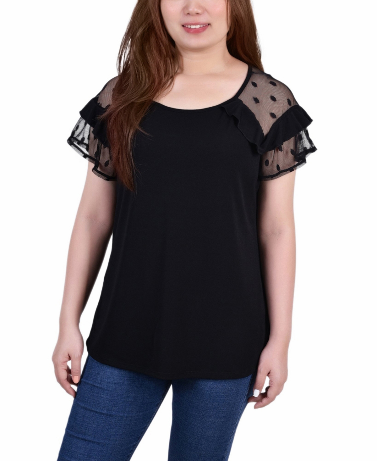 Ny Collection Petite Size Short Dot Sleeve Top In Black
