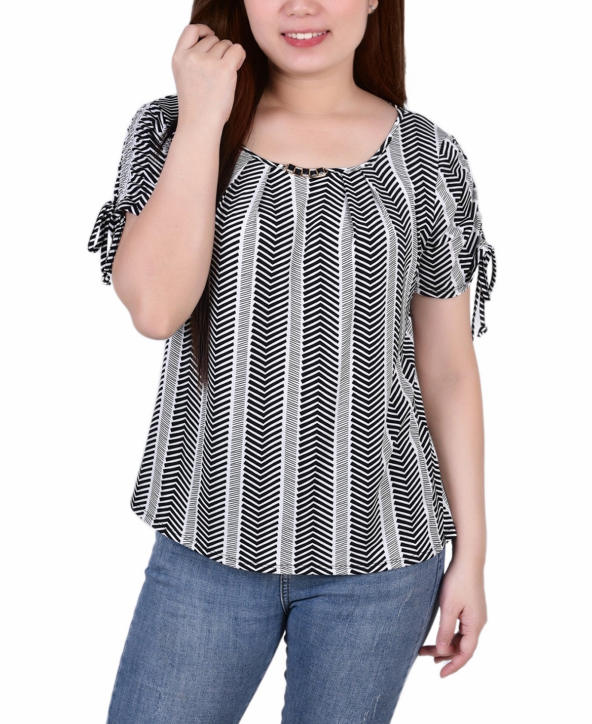 Shop Ny Collection Petite Size Short Ruched Sleeve Top With Pleats In Wall Paper Prt
