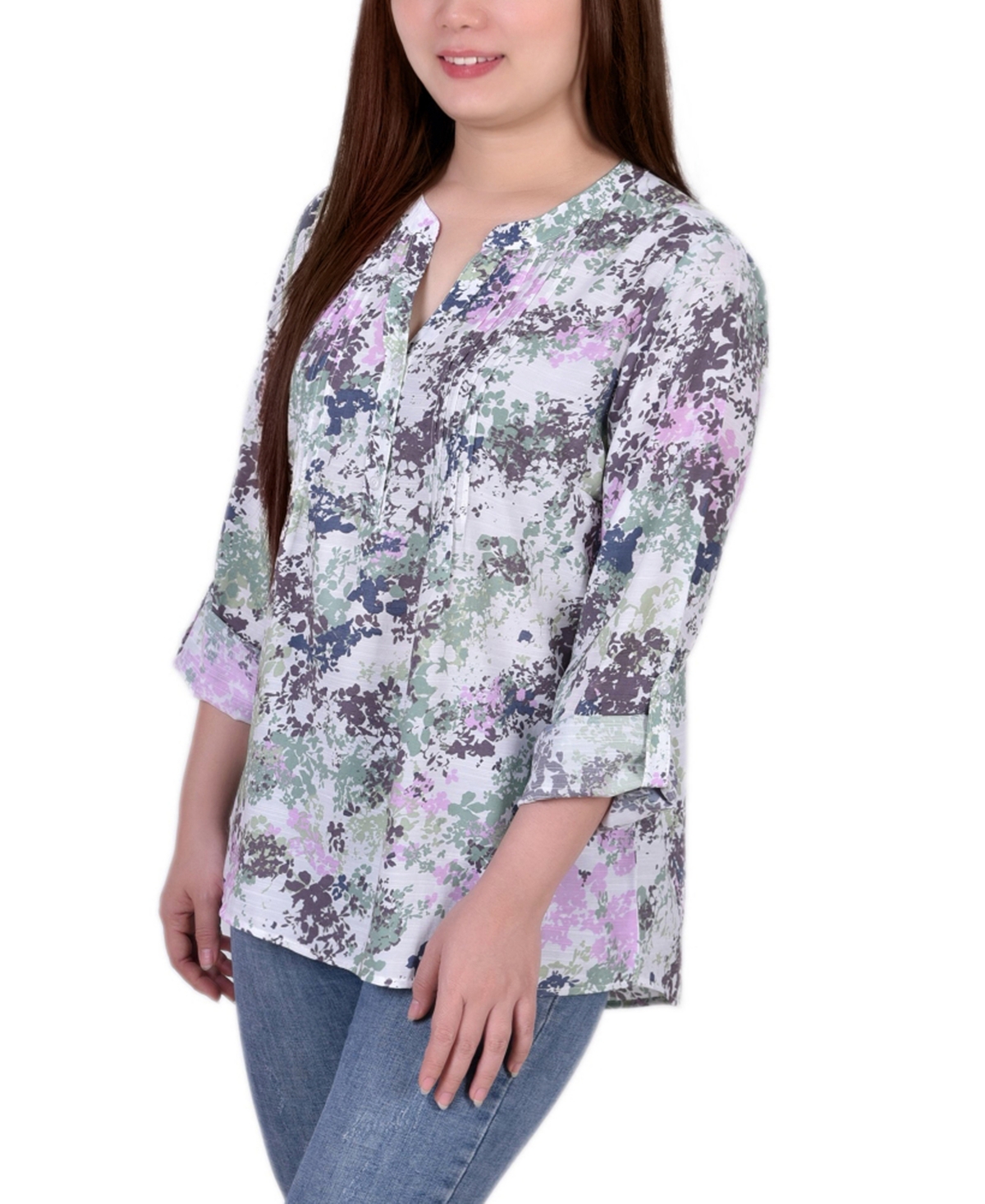 Petite Size 3/4 Roll Tab Sleeve Blouse Top