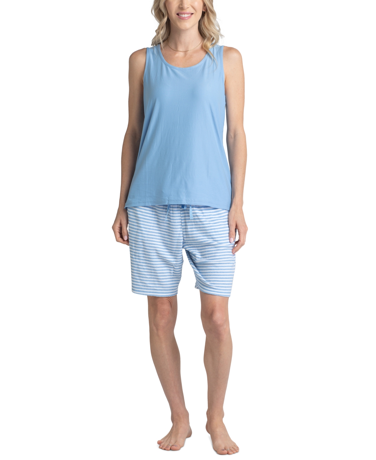 Hanes Women's 3-pc. Tank, Long Sleeve T-shirt & Bermuda Pajama Set In Med. Blue Stripe