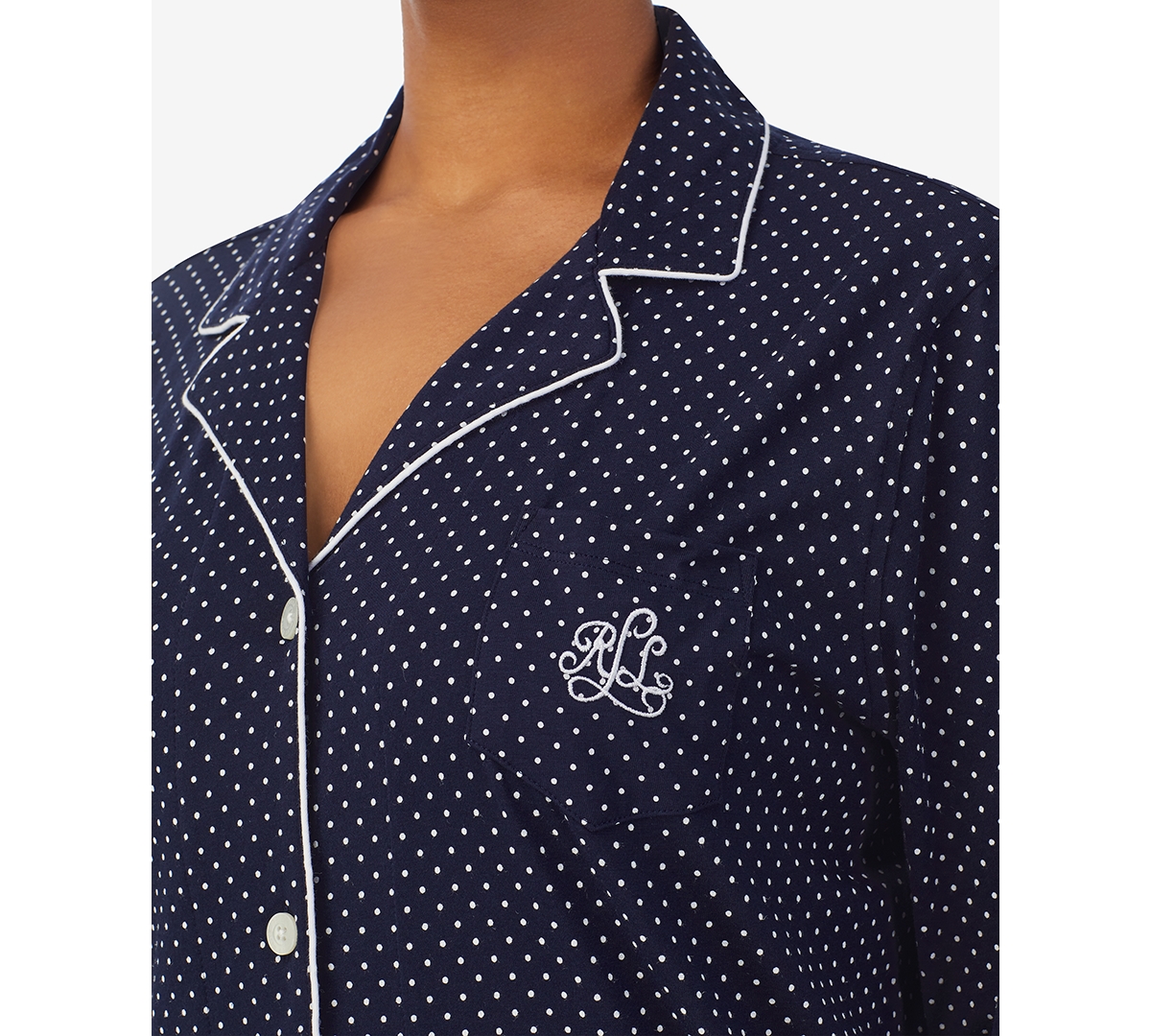 Shop Lauren Ralph Lauren Plus Size Button-front Top And Pants Pajama Set In Navy Dot