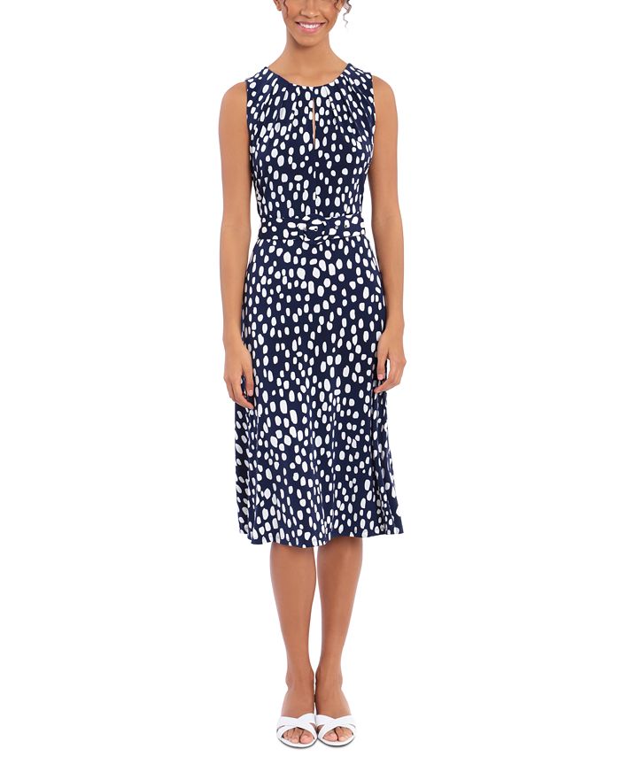 London Times Petite Pleated-Neck Belted Dress - Macy's