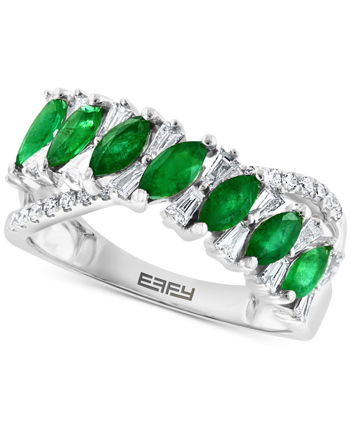 Effy Collection Effy Emerald (7/8 ct. t.w.) & Diamond (1/2 ct. t.w.) Crossover Statement Ring in 14k White Gold