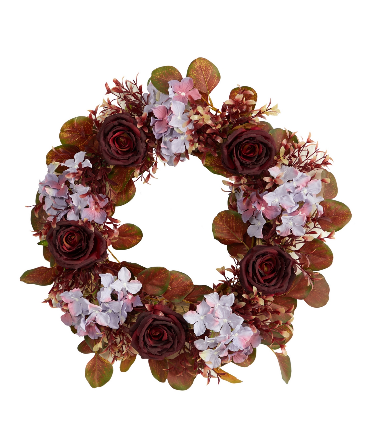 Nearly Natural Fall Hydrangea And Rose Autumn Artificial Wreath, 22" In Purple