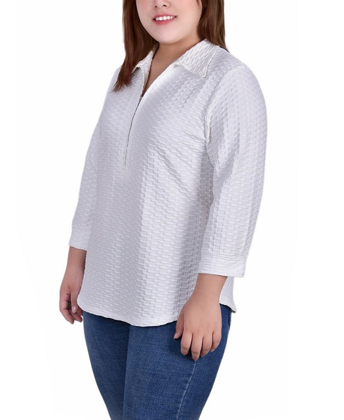 NY Collection Plus Size 3/4 Sleeve Honeycomb Half Zip Collared Top ...