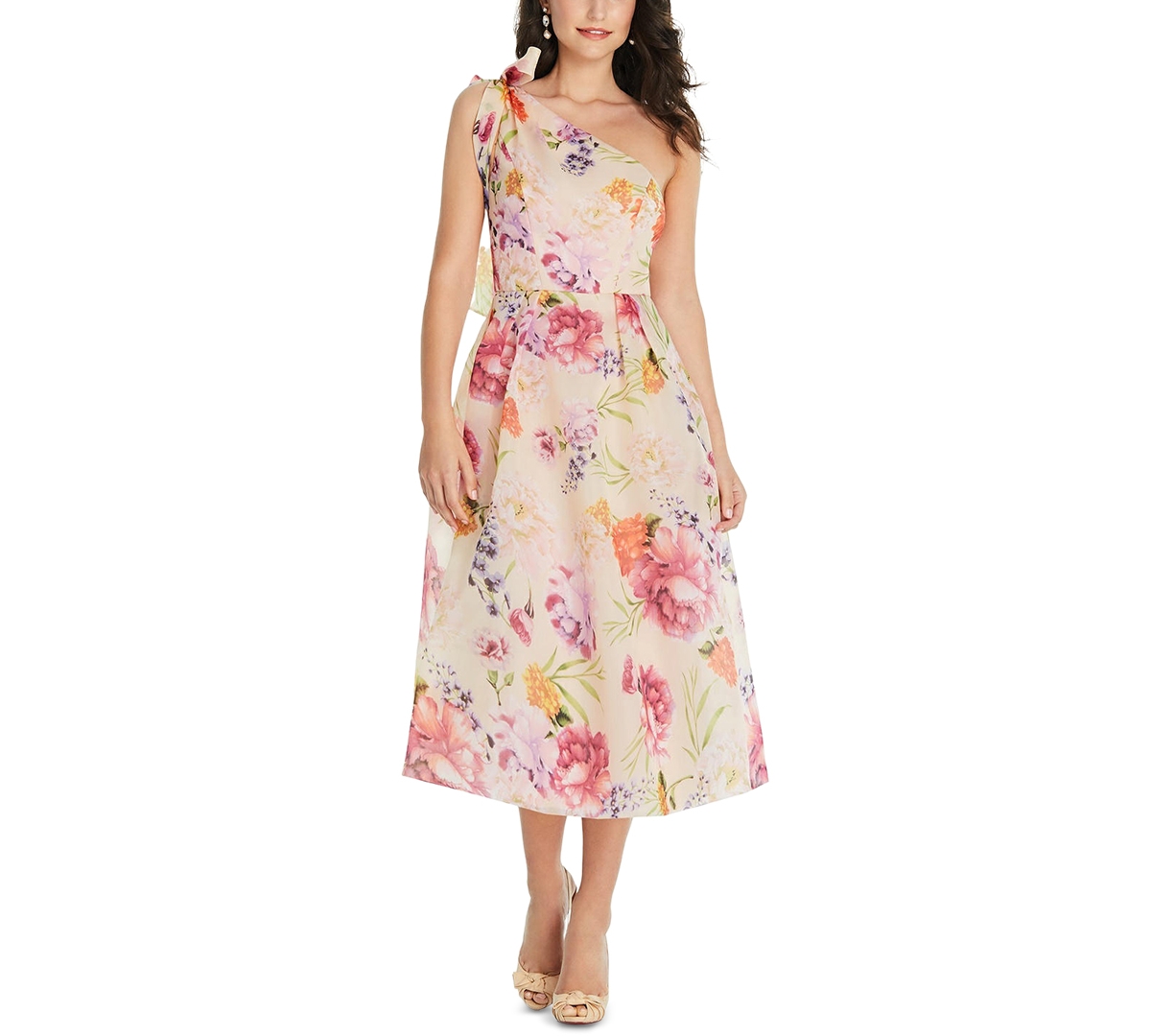 Alfred Sung Women's Scarf-Tie One-Shoulder Floral Organdy Midi Dress