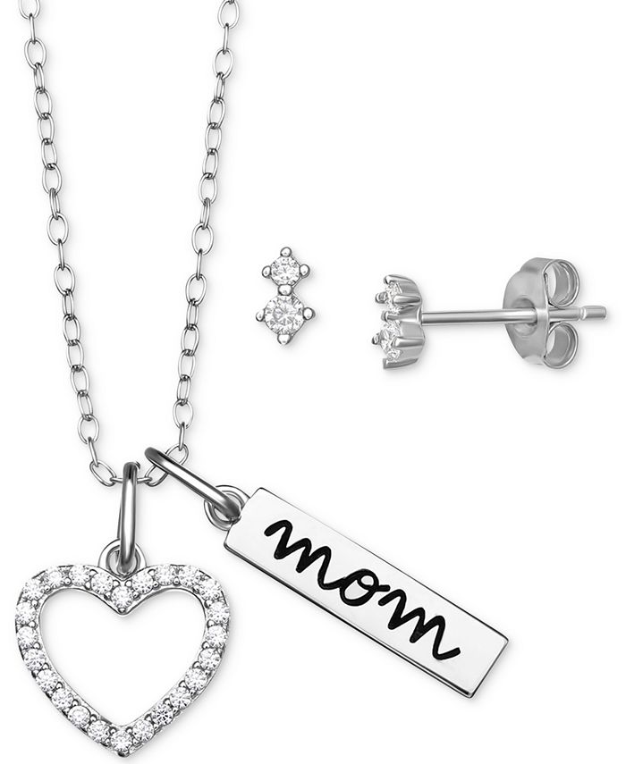 Giani Bernini 2-Pc. Cubic Zirconia Heart Mom Pendant Necklace & Stud Earrings in Sterling Silver