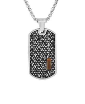 Men's Stainless Steel Simulated Diamonds and Tiger Eye Dog Tag Pendant