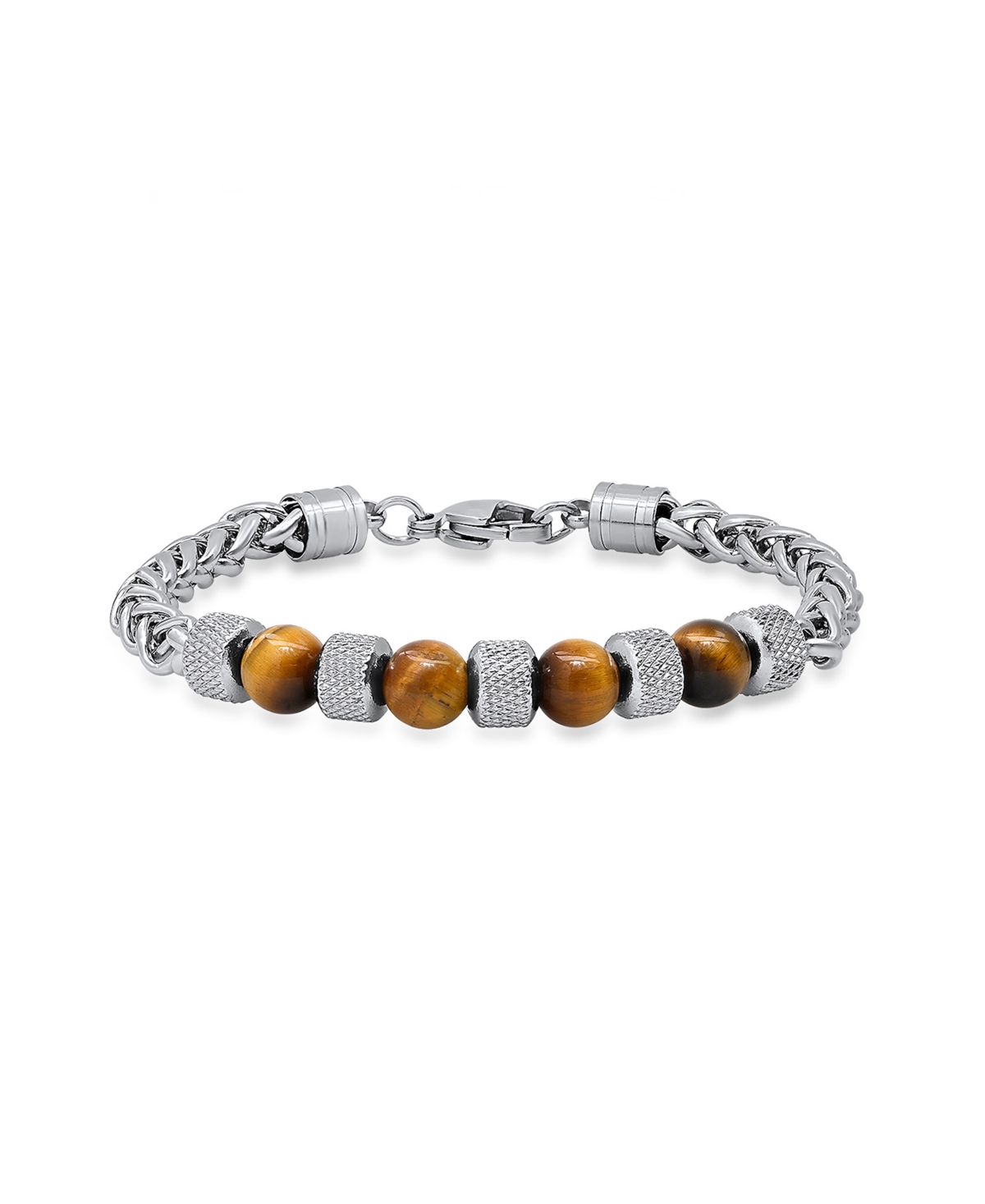Men's Stainless Steel Wheat Chain and Tiger Eye Beads Bracelet - Silver-tone