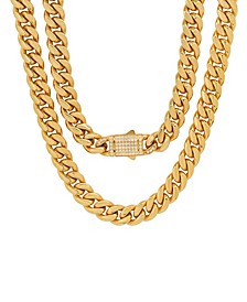 Men's 18k Gold Plated Stainless Steel Thick Cuban Link Chain Necklace with Simulated Diamonds Clasp