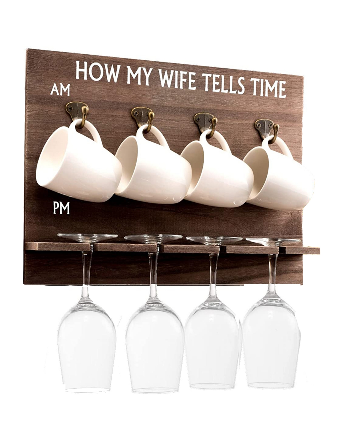Bezrat How My Wife Tells Time Wall Mounted Wine Rack With Wine Glasses And Coffee Mugs, Set Of 9 In Brown