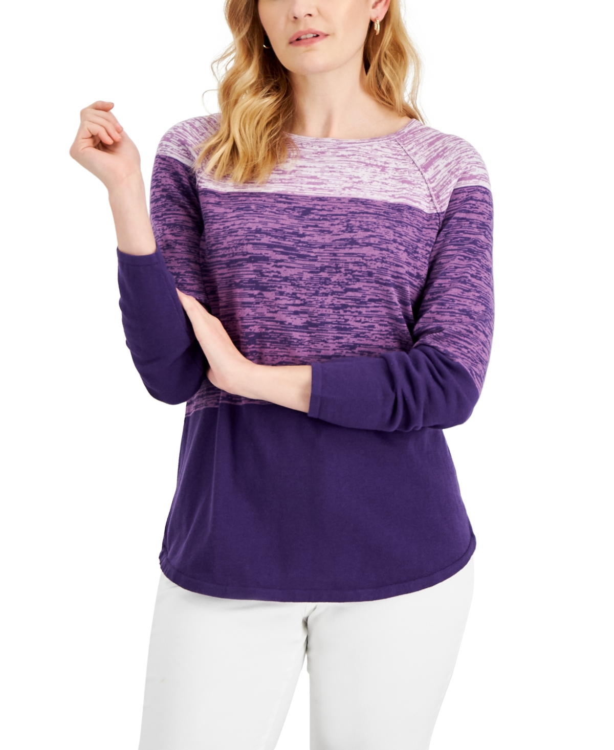 Women's Cotton Colorblocked Sweater, Created for Macy's - Cassis Combo