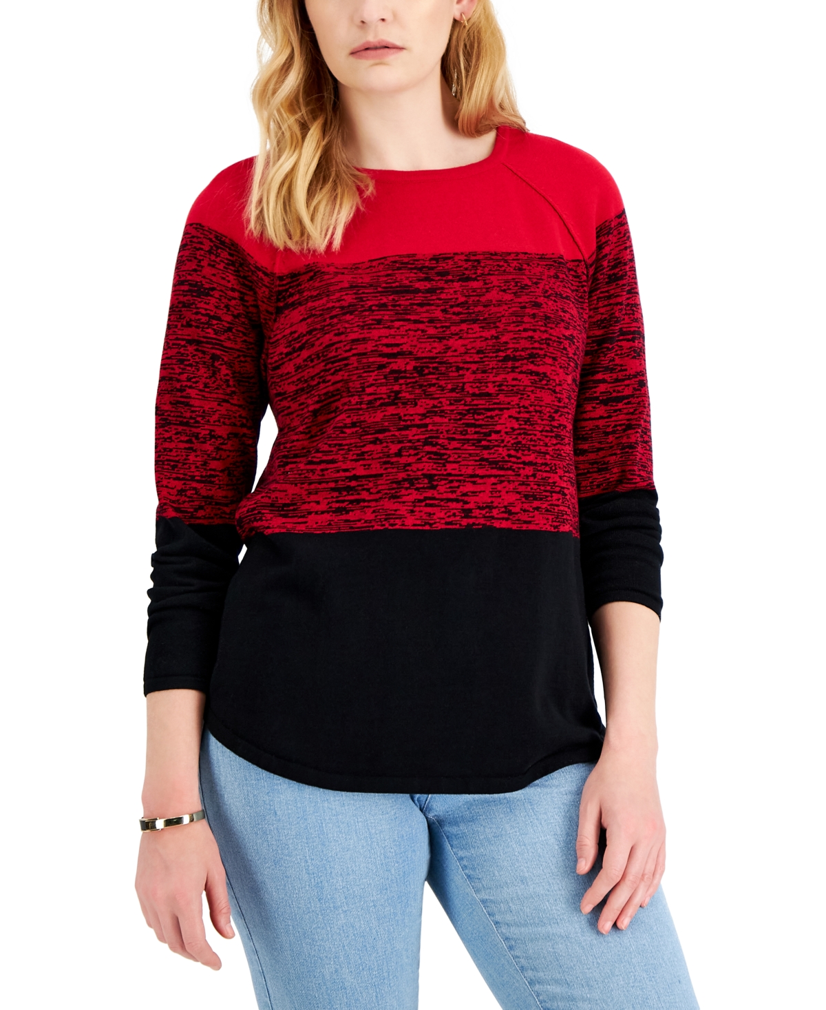 Karen Scott Petite Marled Colorblocked Cotton Curved-hem Top, Created For Macy's In New Red Amore