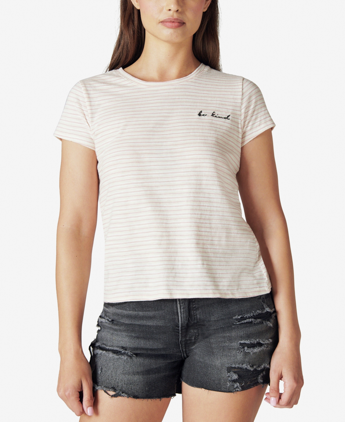 LUCKY BRAND EMBROIDERED STRIPED COTTON T-SHIRT