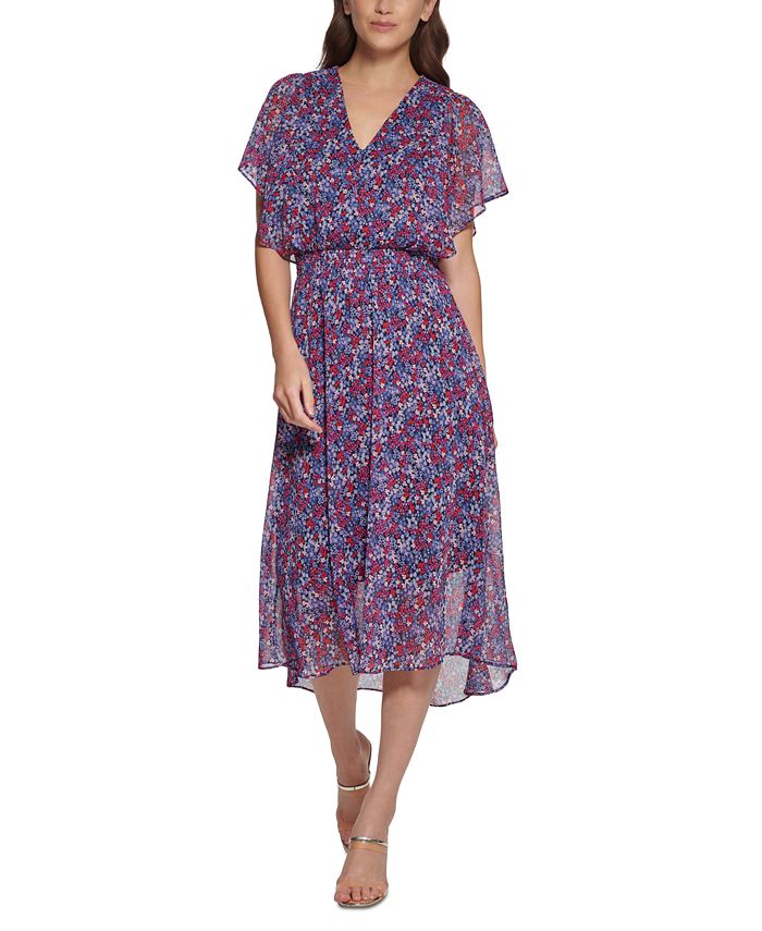 DKNY Floral-Print Smocked Midi Dress - Macy's
