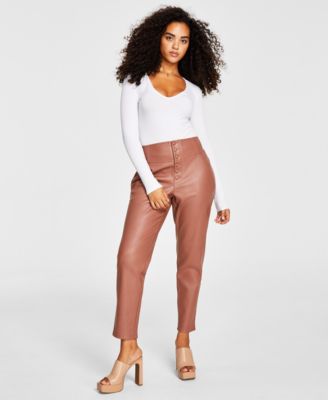 Bar III - Women's Faux-Leather Button-Fly Ankle Pants