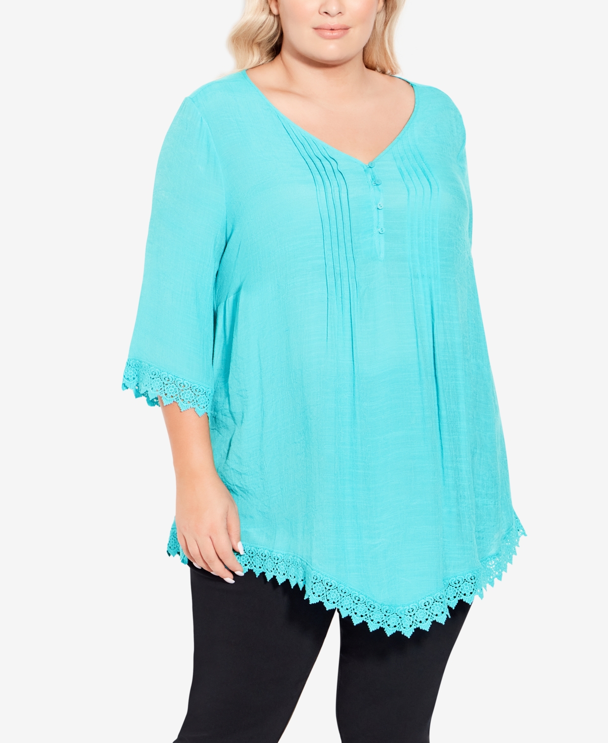 Avenue Plus Size Ellie Pintuck Lace Top In Turquoise