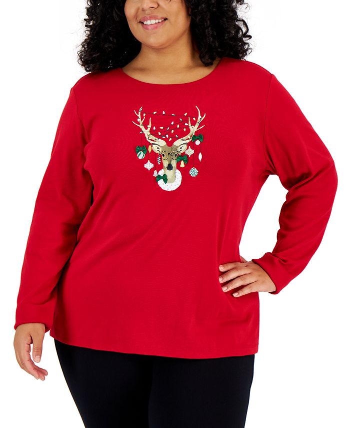 Karen Scott Plus Size Long Sleeve Reindeer Top, Created for Macy's - Macy's