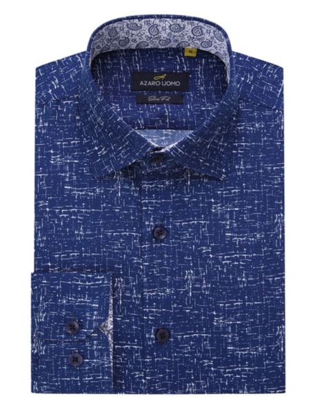 Мужская рубашка Azaro Uomo Business Geometric Long Sleeve Button Down Shirt, цвет: Тёмно-синий