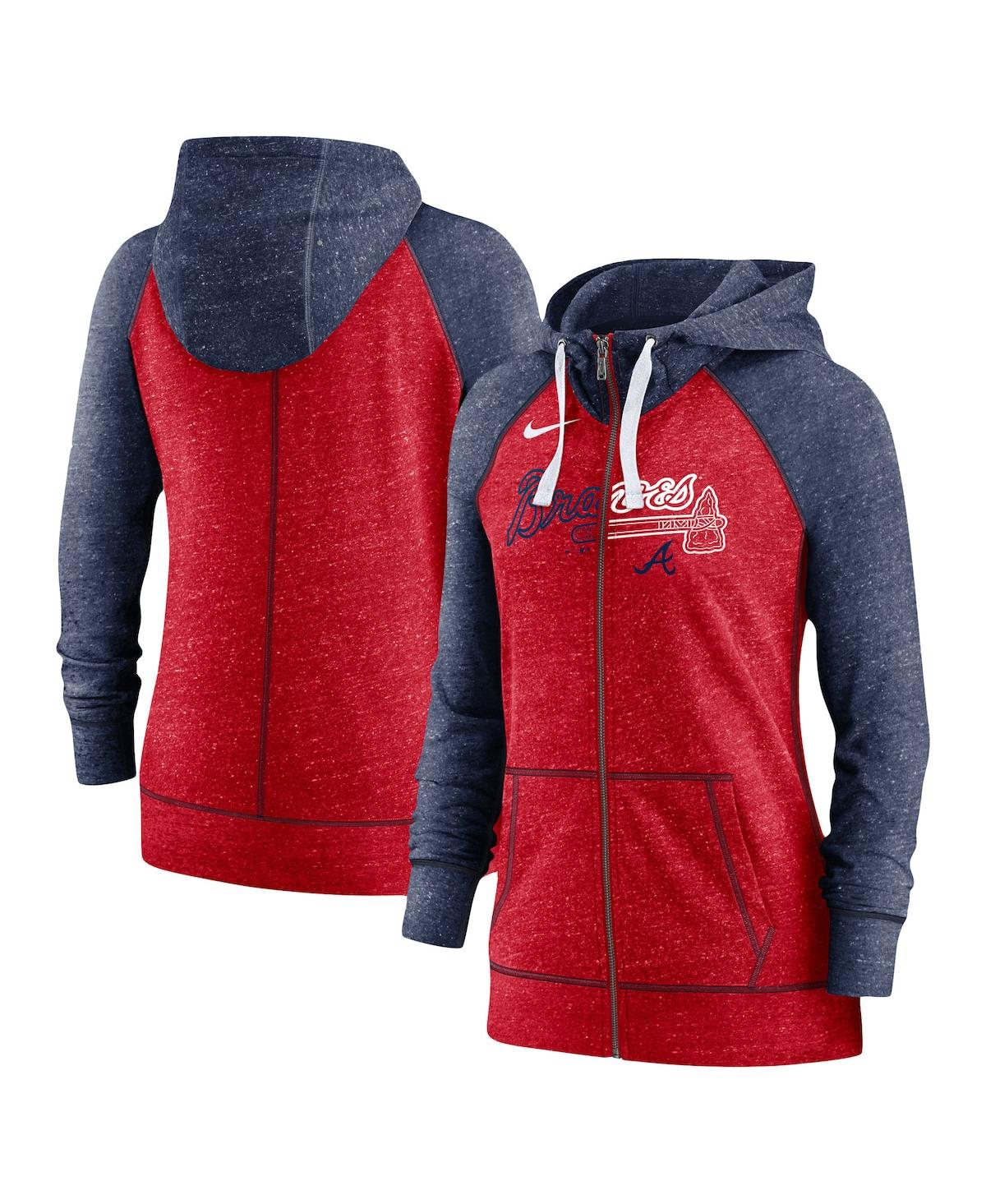 Women's Nike Heathered Red and Heathered Navy Atlanta Braves Split Wordmark Gym Vintage-Like Raglan Slub Full-Zip Hoodie