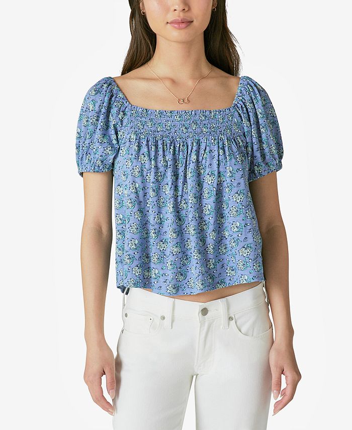 Lucky Brand Smocked Square Neck Top in Blue