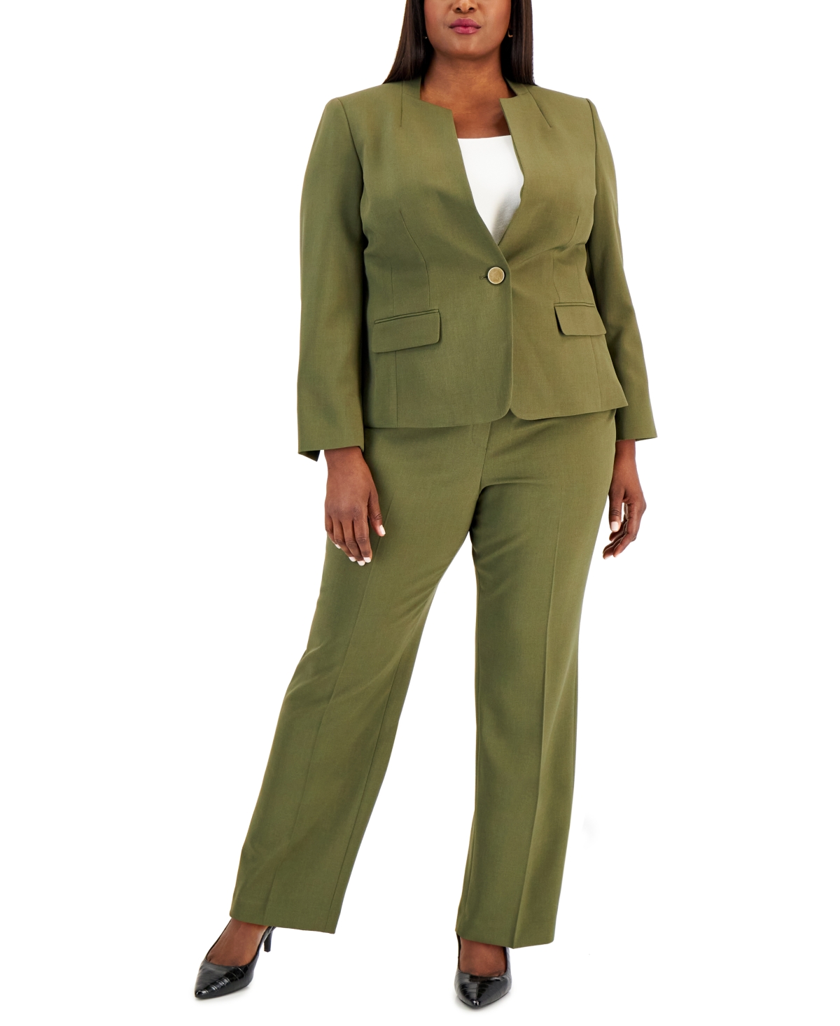 Le Suit Plus Size Single-Button Blazer Slim-Fit Pantsuit