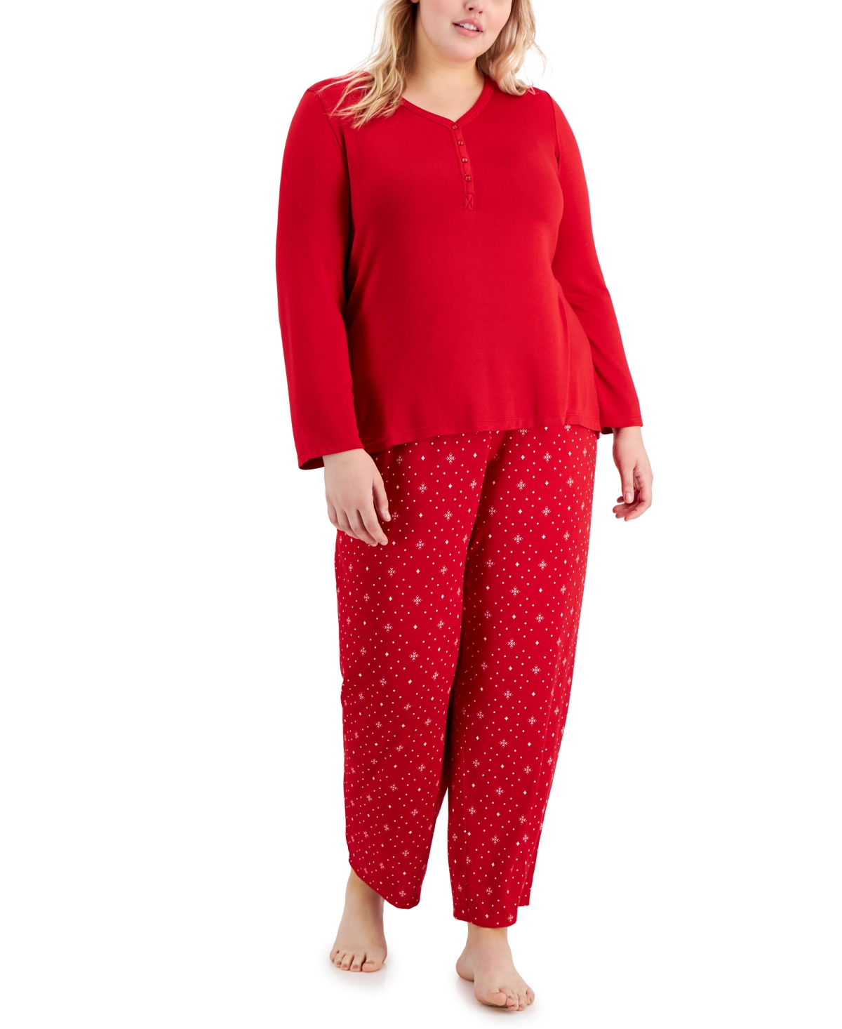 Charter Club Plus Size Long Sleeve Soft Knit Printed Pajama Set, Created for Macy's