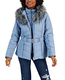 Juniors' Belted Faux-Fur-Trim Hooded Puffer Coat, Created for Macy's