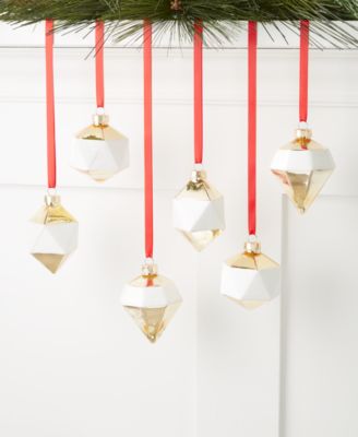 Holiday Lane - Shine Bright Gold-Tone & White Decorative Glass Diamond-Shaped Ornaments, Set of 6