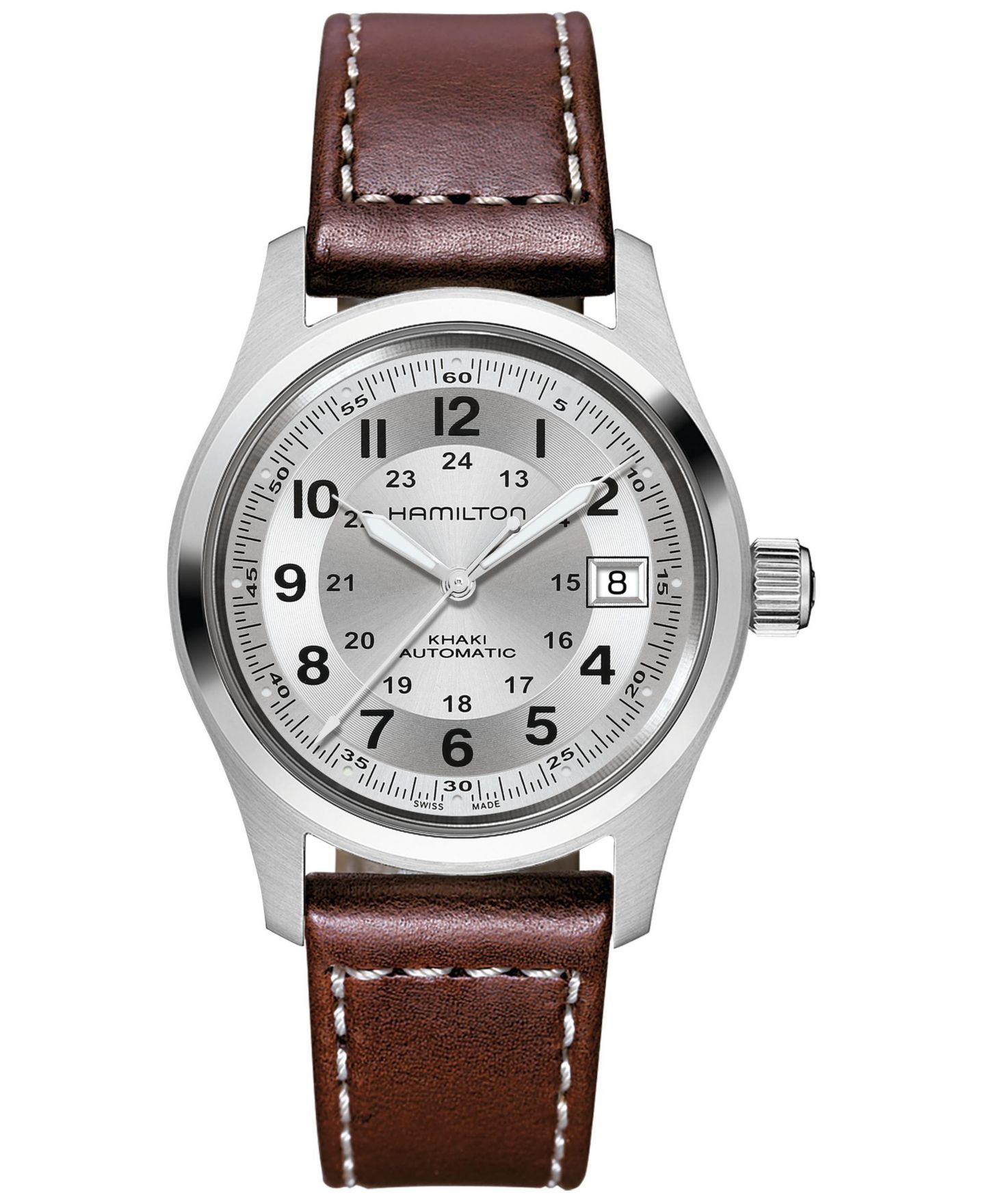 Мужские часы Hamilton Swiss Automatic Khaki Field Brown Leather Strap Watch 38mm — фото 1