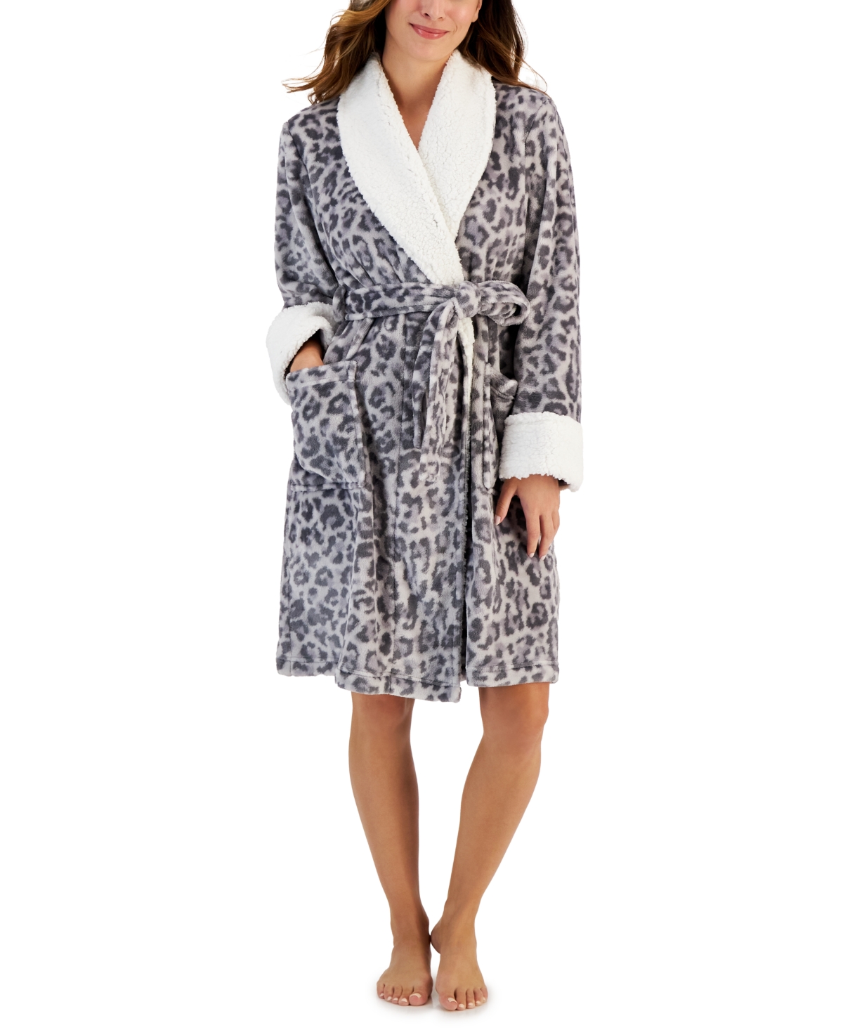 Charter Club Women's Short Faux-Fur-Trim Animal Wrap Robe, Created for Macy's