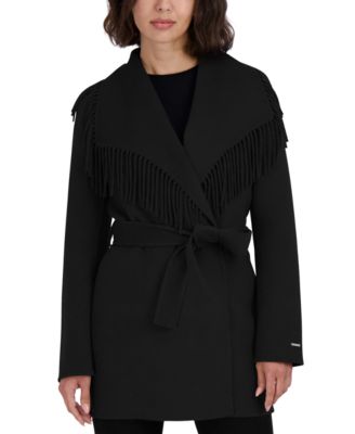 Tahari - Women's Frankie Belted Fringe-Trim Coat