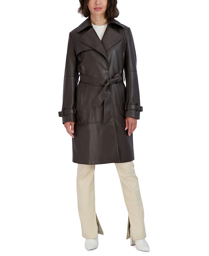 Tahari Women's Elle Belted Faux-Leather Trench Coat - Macy's