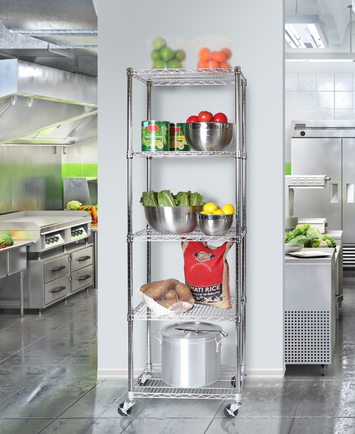 Seville Classics Ultradurable Commercial-grade 5-tier Nsf-certified Steel Wire Wheeled Shelving In Chrome
