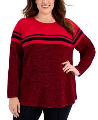Karen Scott Plus Size Curved Hem Striped-Yoke Sweater, Created for Macy ...
