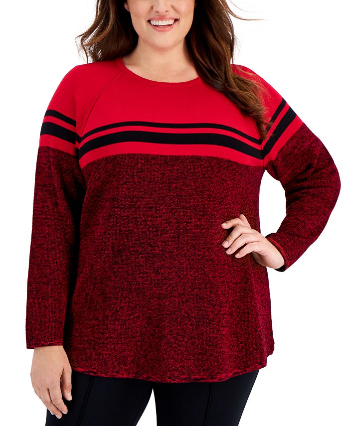 Karen Scott Plus Size Curved Hem Striped-Yoke Sweater, Created for Macy ...