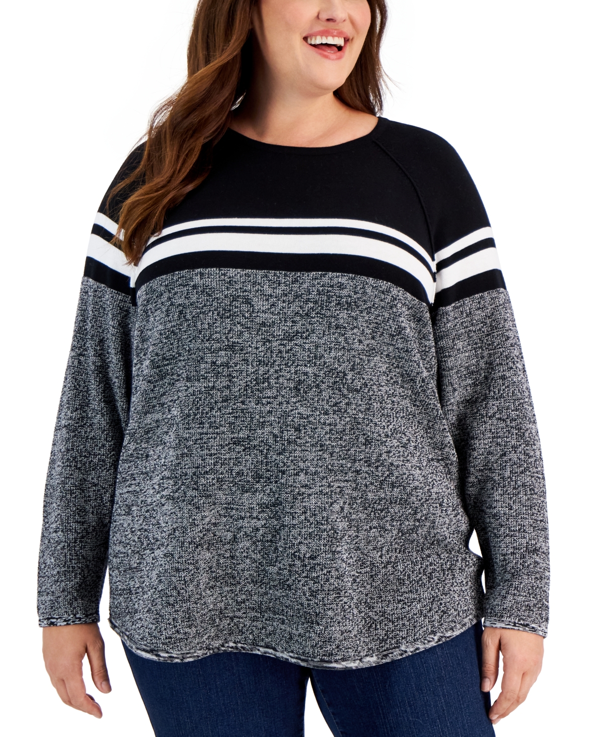Plus Size Curved Hem Striped-Yoke Sweater, Created for Macy's - Deep Black