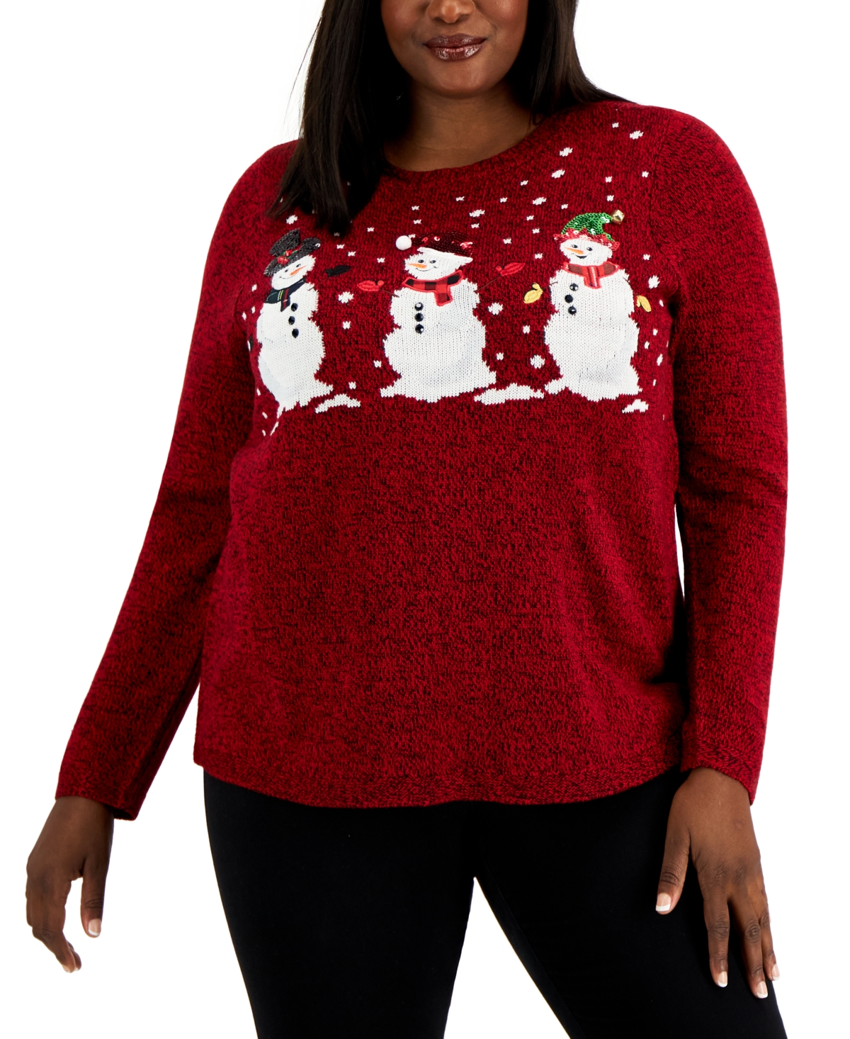 Plus Snowman Metallic-Knit Sweater, Created for Macy's - Red Marl