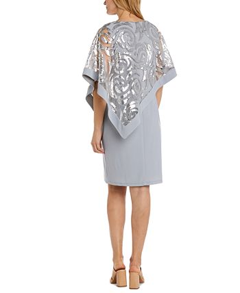 R M Richards Petite Women's  Sequined Lace Cape Overlay Short Sleeve Boat Neck Short Party Sheath Dress Petites Taupe Size 14 P
