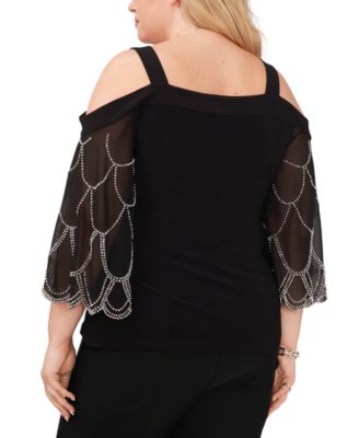 MSK Plus Size Cold-Shoulder Beaded-Sleeve Top