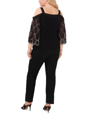 MSK Plus Size Cold-Shoulder Beaded-Sleeve Top
