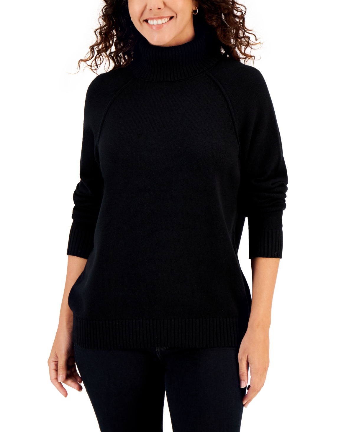Petite Cotton Turtleneck Sweater, Created for Macy's - Deep Black