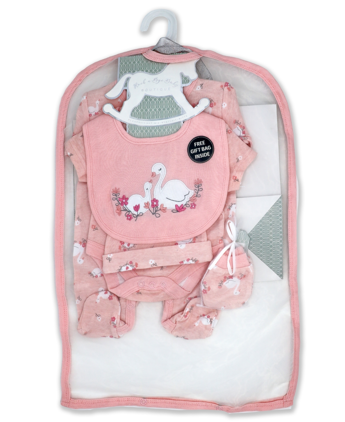 Baby Girls Lovely Swan Layette Gift in Mesh Bag, 5 Piece Set - Peach and White